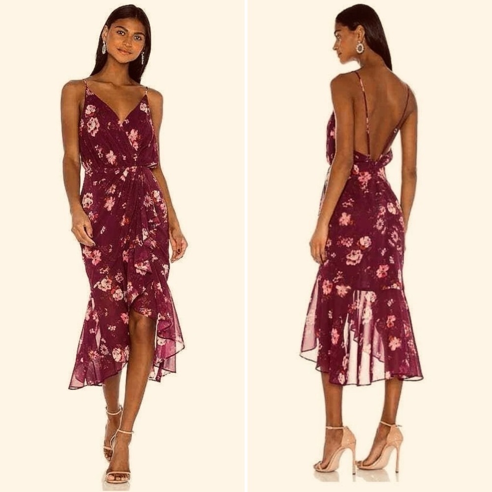 LPA LUMA Dress Jolene Floral Purple Ruffle Open Back Revolve Date Wedding L